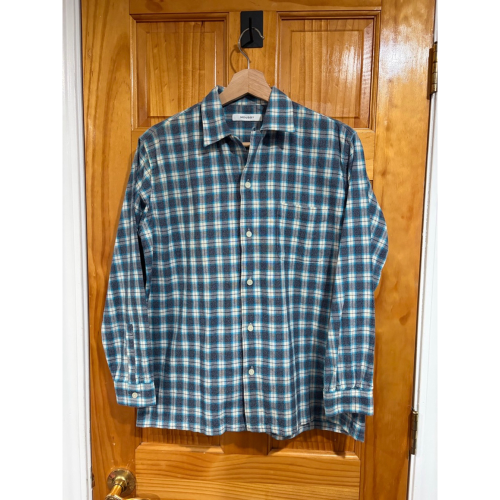 MOUSSY Plaid Cotton Button Down Shirt Blue Check Oversized Free Size Japan